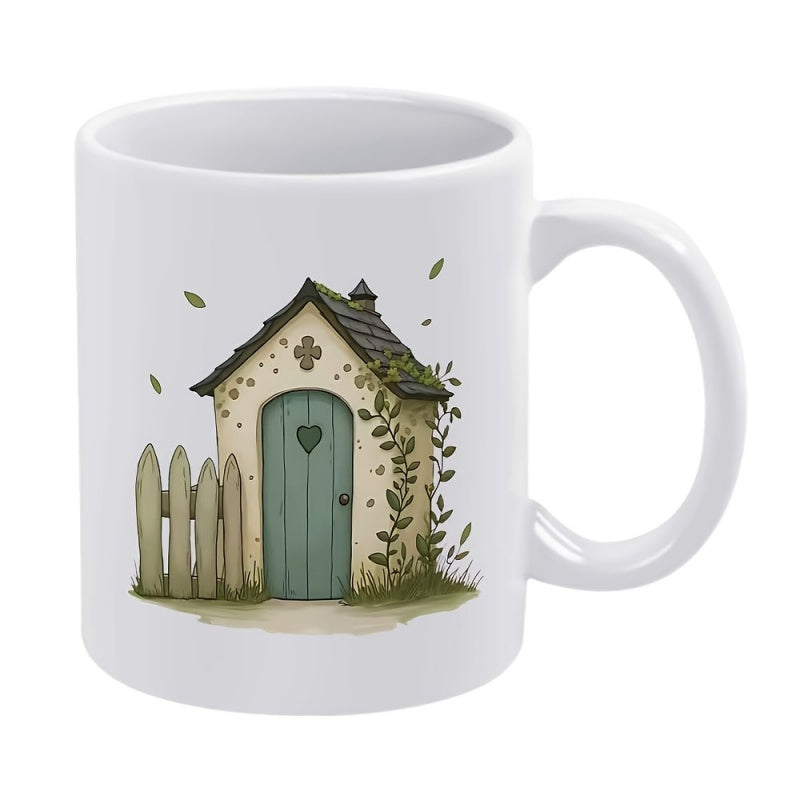 Tailorly White Ceramic 11 oz Mug - Charming Rustic Stone Shed With Green Heart Door And Wooden Fence Cottage
