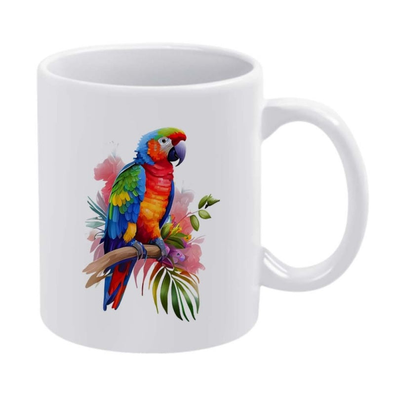 Tailorly White Ceramic 11 oz Mug - Vibrant Watercolor Macaw Perching On A Branch Among Tropical Green Leaves Parrot