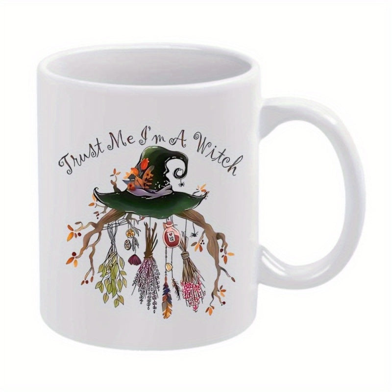 Tailorly White Ceramic 11 oz Mug - Trust Me Im A Witch Mystical Dried Herbs Hanging From Branches Under A Pointed Green Hat