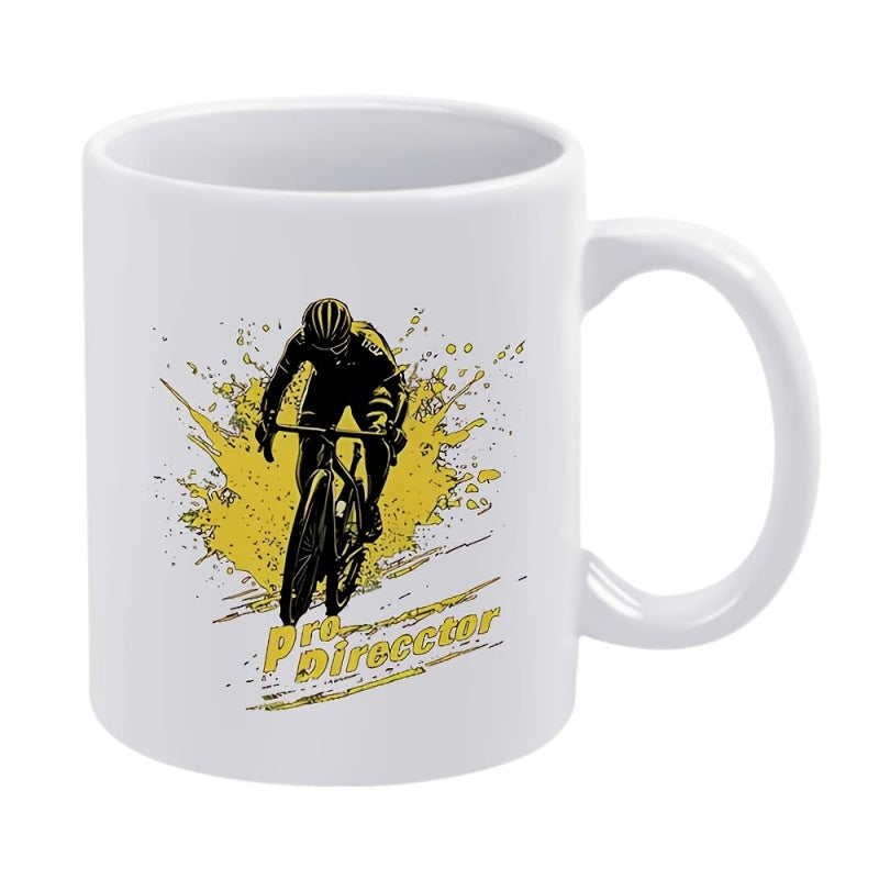 Tailorly White Ceramic 11 oz Mug - Pro Director Dynamic Athletic Silhouette Moving Through Vibrant Yellow Artistic Paint Splatter Background Cyclist