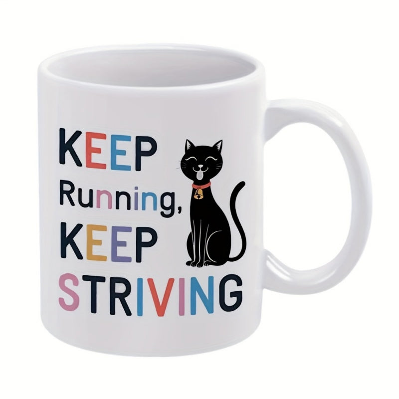 Tailorly White Ceramic 11 oz Mug - Keep Running Keep Striving Minimalist Black Cat Sitting With Red Collar And Golden Bell Cat