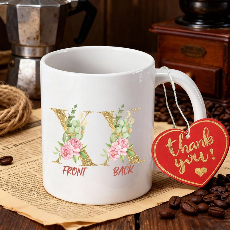 Tailorly White Ceramic 11 oz Mug - Thank You Front Back Golden Glitter Floral Initial With Pink Peonies And Green Leaves X