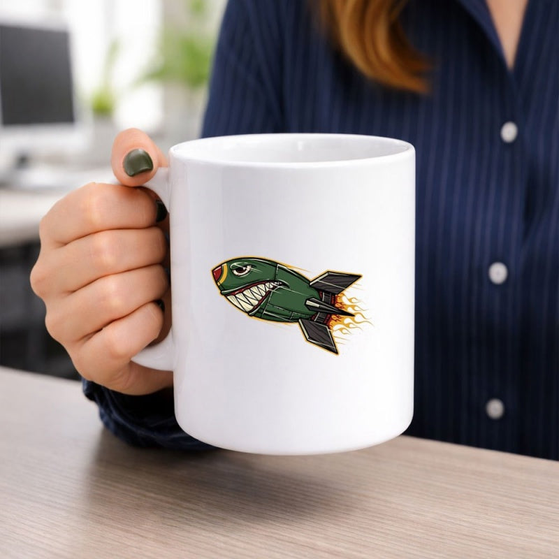 Tailorly White Ceramic 11 oz Mug - Vintage Green Military Style Flying Projectile With Sharp Shark Teeth And Flame Missile