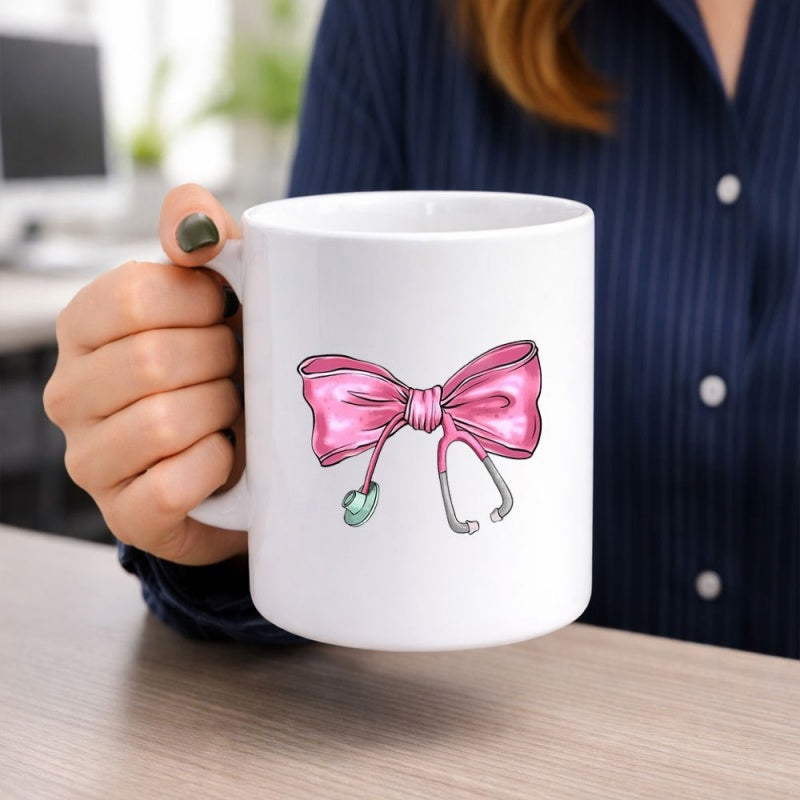 Tailorly White Ceramic 11 oz Mug - Elegant Pink Ribbon Artistically Shaped Like A Medical Healthcare Stethoscope Bow