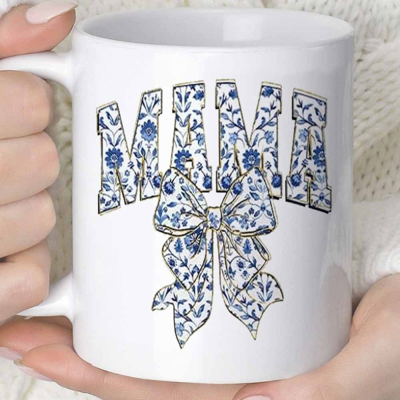 Tailorly White Ceramic 11 oz Mug - Mama Elegant Blue Floral Pattern With A Decorative Ribbon Tied Bow