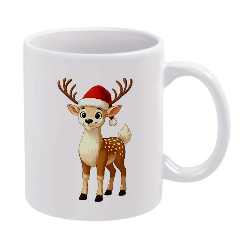 Tailorly White Ceramic 11 oz Mug - Cute Christmas Deer Wearing A Red Santa Hat And Smiling Broadly Reindeer