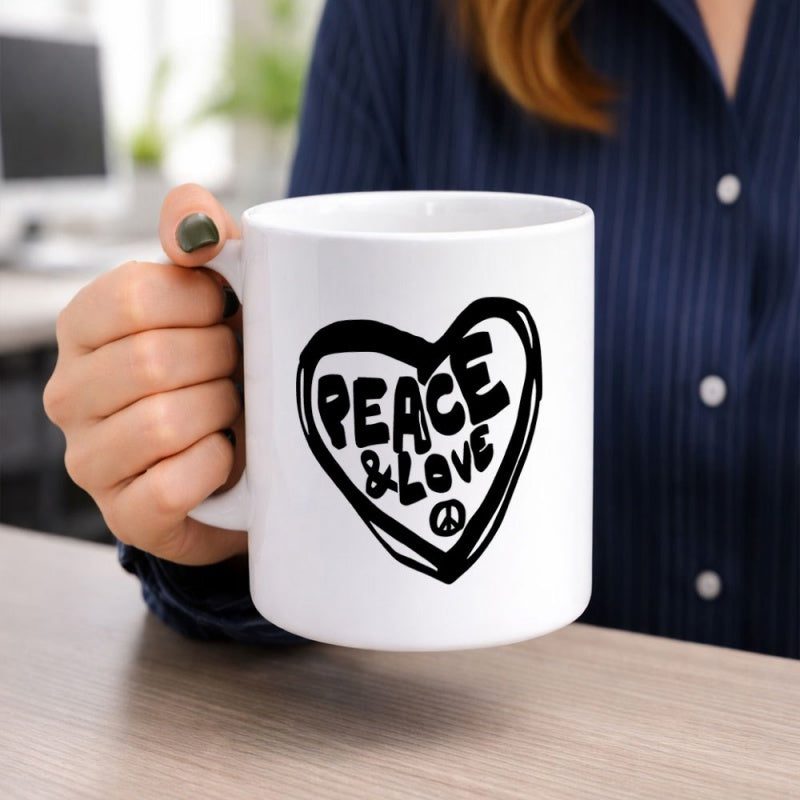 Tailorly White Ceramic 11 oz Mug - Peace Love Artistic Hand Drawn Style Featuring Universal Message Of Peace Within A Symbolical Heart