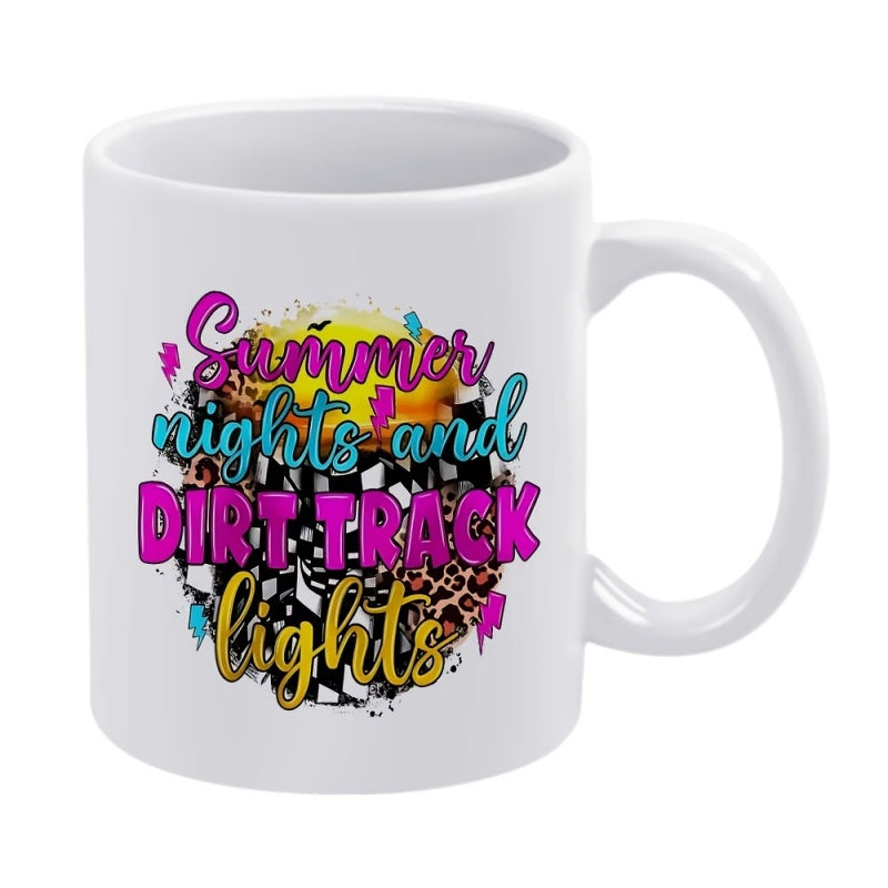 Tailorly White Ceramic 11 oz Mug - Summer Nights And Dirt Track Lights Decorative Ceramic Surface With Racing Checkered Flag And Leopard Print Elements Mug