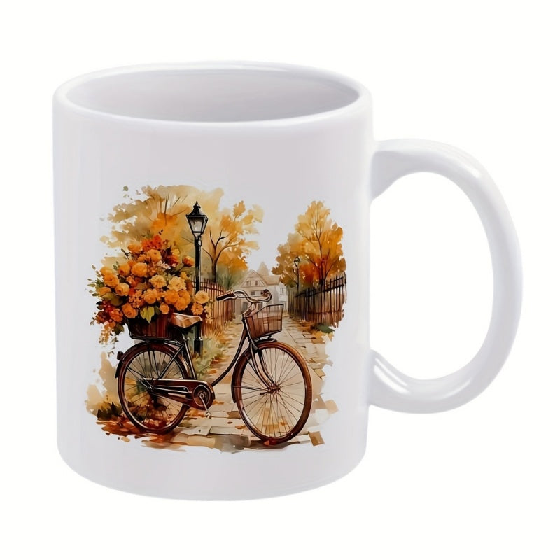 Tailorly White Ceramic 11 oz Mug - Vintage Style Watercolor With Autumn Flowers In Basket Near Golden Trees Bicycle