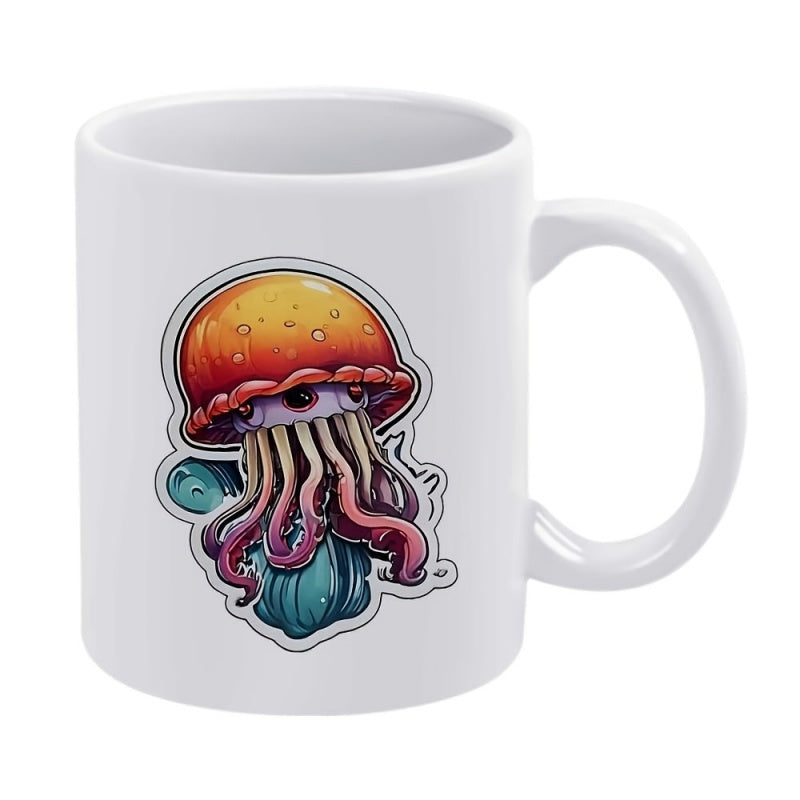 Tailorly White Ceramic 11 oz Mug - Mystical Deep Sea Creature Floating Among Bubbles With Colorful Glowing Tentacles Jellyfish