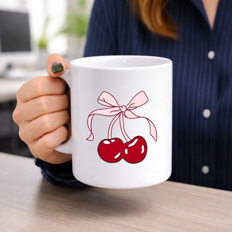 Tailorly White Ceramic 11 oz Mug - Sweet Vibrant Red Summer Fruits Tied With A Delicate Pink Ribbon Cherries