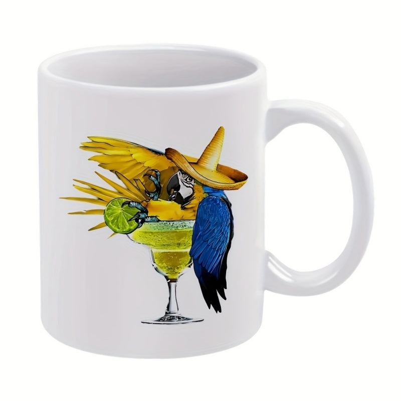 Tailorly White Ceramic 11 oz Mug - Tropical Vibrant Bird Wearing Sombrero Perched On A Refreshing Margarita Macaw