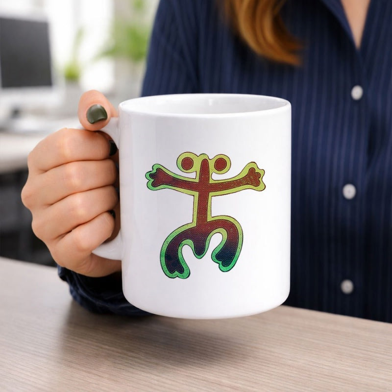 Tailorly White Ceramic 11 oz Mug - Ancient Taino Symbol Petroglyph With Colorful Gradient Textures Traditional Puerto Rican Frog