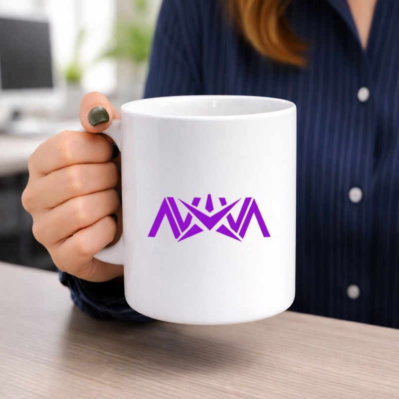 Tailorly White Ceramic 11 oz Mug - Sharp Geometric Lines Creating A Symmetrical Modern Purple Abstract Symbol