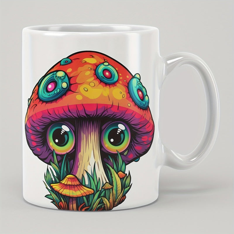 Tailorly White Ceramic 11 oz Mug - Vibrant Colorful Psychedelic Mushroom With Big Glowing Eyes Among Lush Green Grass Mushroom