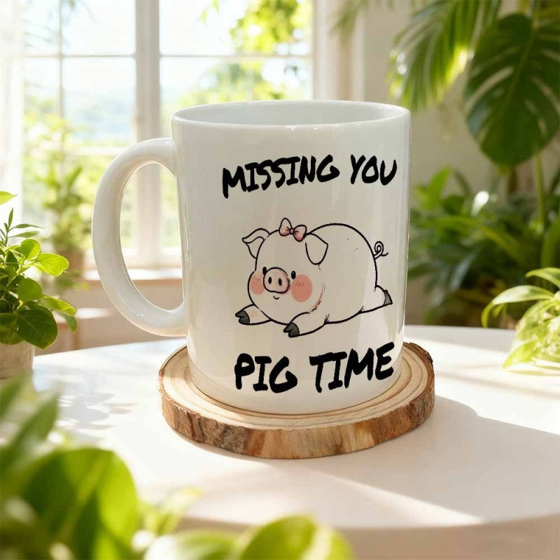 Tailorly White Ceramic 11 oz Mug - Missing You Pig Time Cute Hand Drawn Animal Resting With A Small Pink Bow Pig