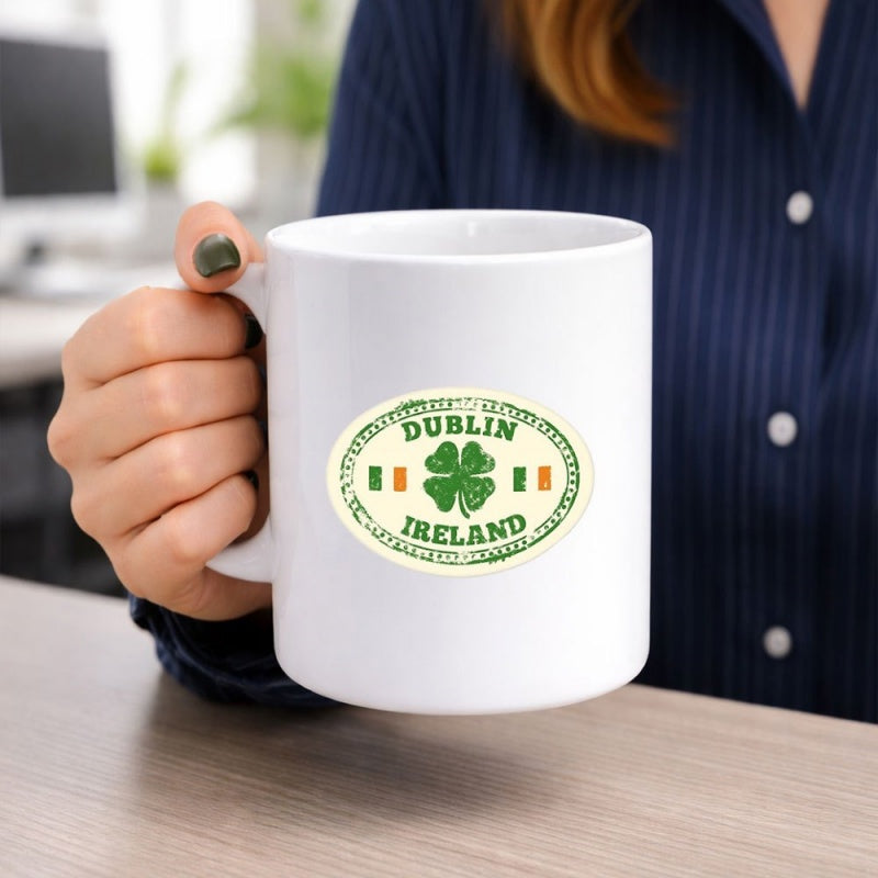 Tailorly White Ceramic 11 oz Mug - Dublin Ireland Vintage Oval Emblem With Green Shamrocks And National Irish Flags Mug