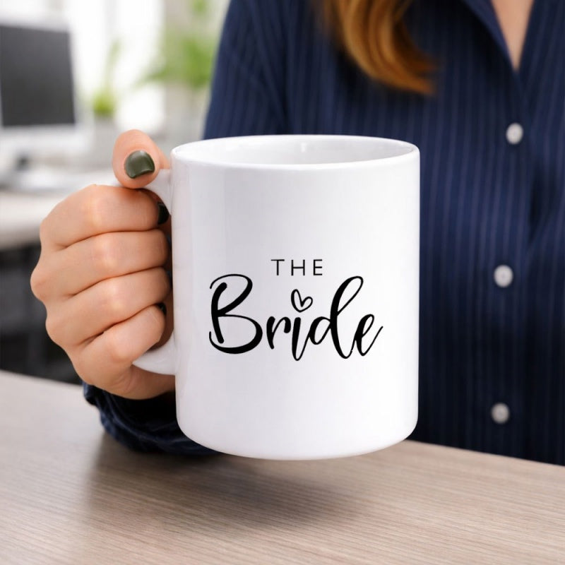 Tailorly White Ceramic 11 oz Mug - The Bride Elegant Script Lettering With Minimalist Heart Design On