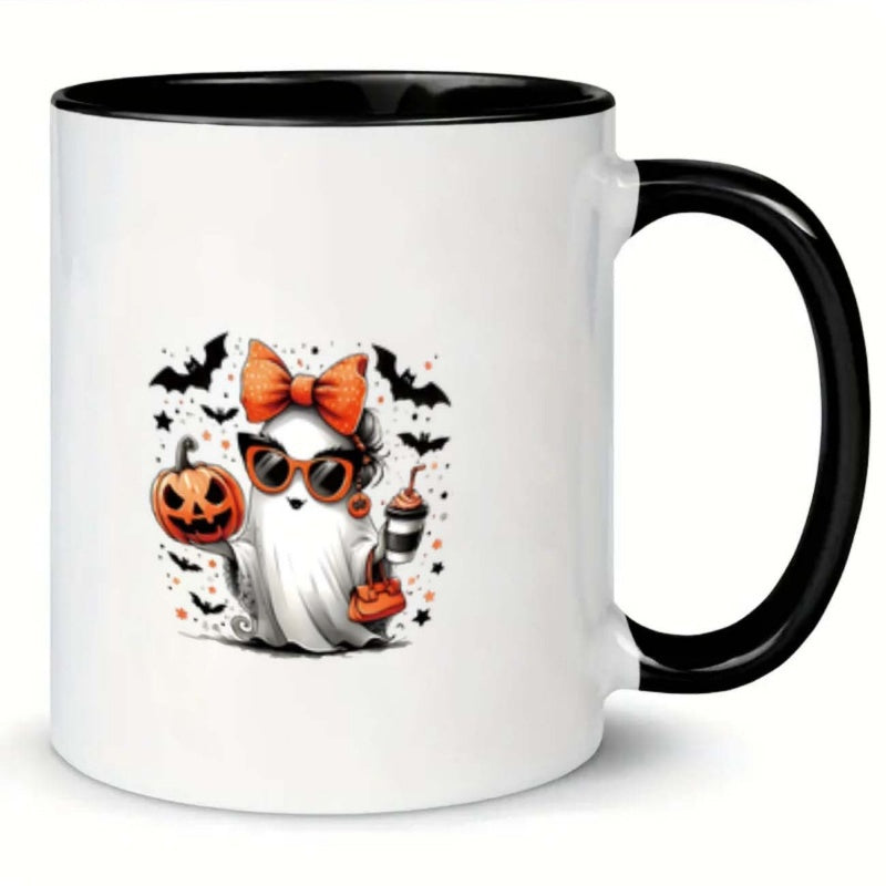 Tailorly Black Accent 11 oz Mug - spooky ghost pumpkin and bats cartoon style