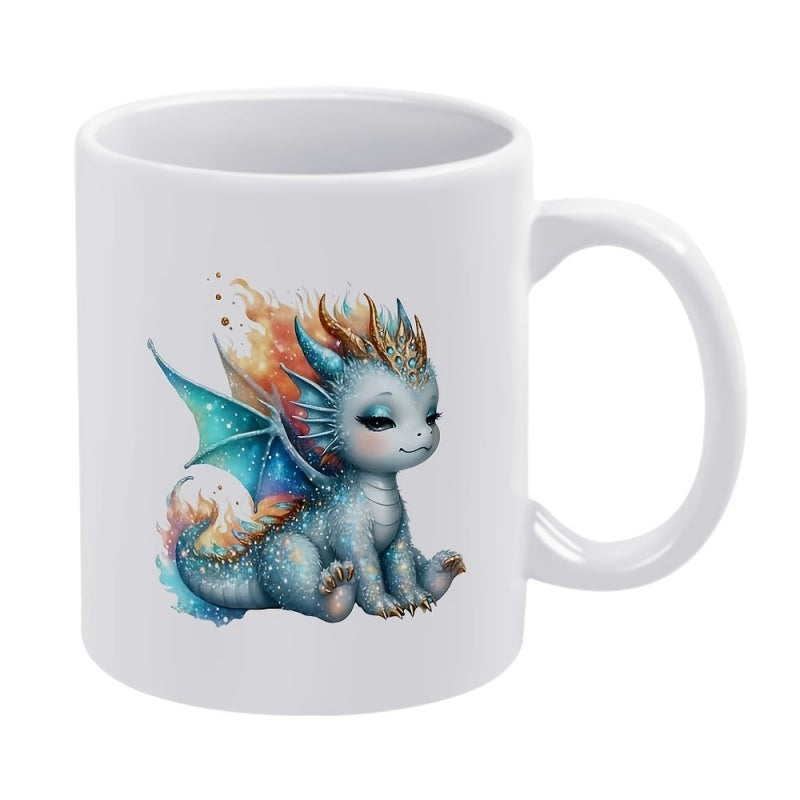 Tailorly White Ceramic 11 oz Mug - Adorable Baby Blue Creature Sitting Peacefully With Magical Glittering Wings Dragon