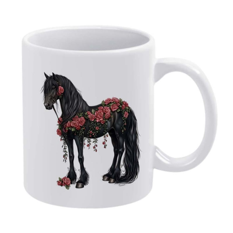 Tailorly White Ceramic 11 oz Mug - Majestic Black Stallion Adorned With Vibrant Red Roses And Elegant Green Foliage Horse