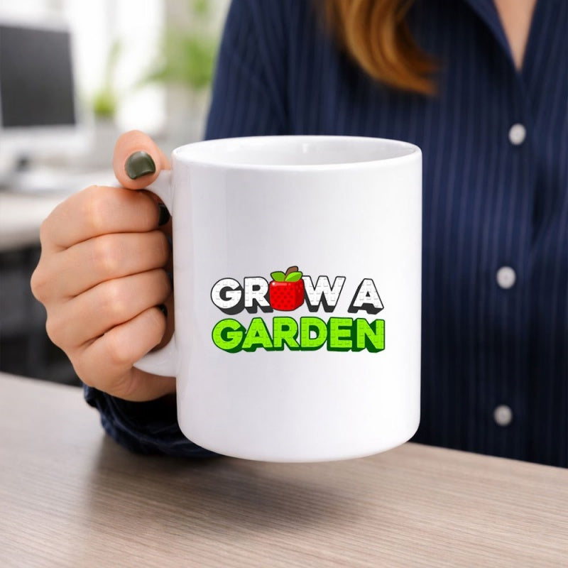 Tailorly White Ceramic 11 oz Mug - Grow A Garden Minimalist Red Fruit With Green Leaves Centered Between Bold Letters Apple