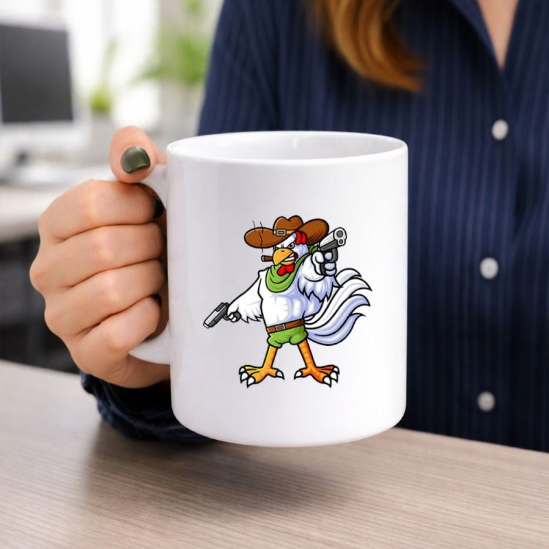 Tailorly White Ceramic 11 oz Mug - Funny Cartoon Rooster Wearing Cowboy Hat Holding Guns And Smoking Cigar Rooster