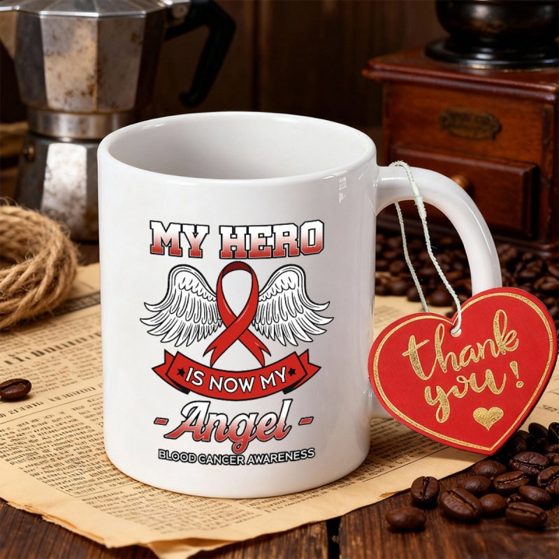 Tailorly White Ceramic 11 oz Mug - My Hero Is Now My Angel Blood Cancer Awareness Elegant Memorial Wings Beside A Vibrant Red Awareness Ribbon