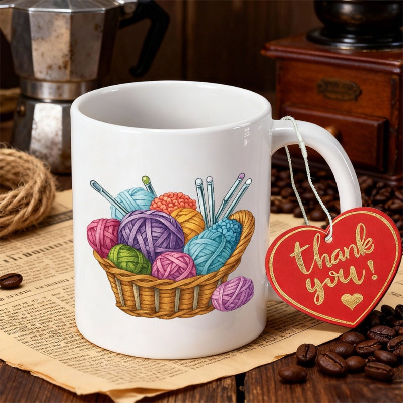 Tailorly White Ceramic 11 oz Mug - Thank You Colorful Knitting Wool Balls Resting Inside A Rustic Woven Wicker Basket