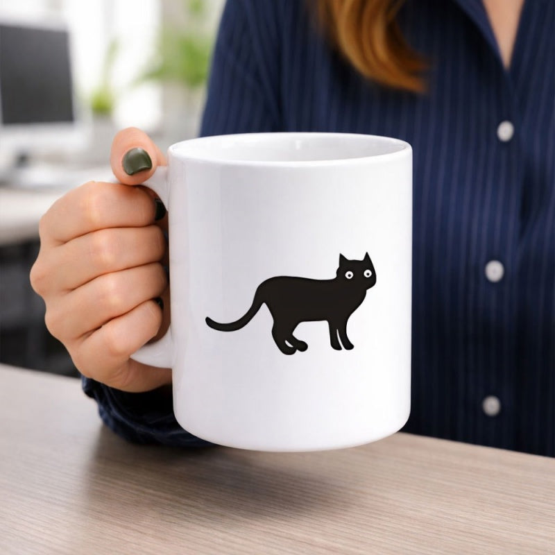 Tailorly White Ceramic 11 oz Mug - Minimalist Solid Black Silhouette Featuring Playful Eyes Standing In A Curious Pose Cat
