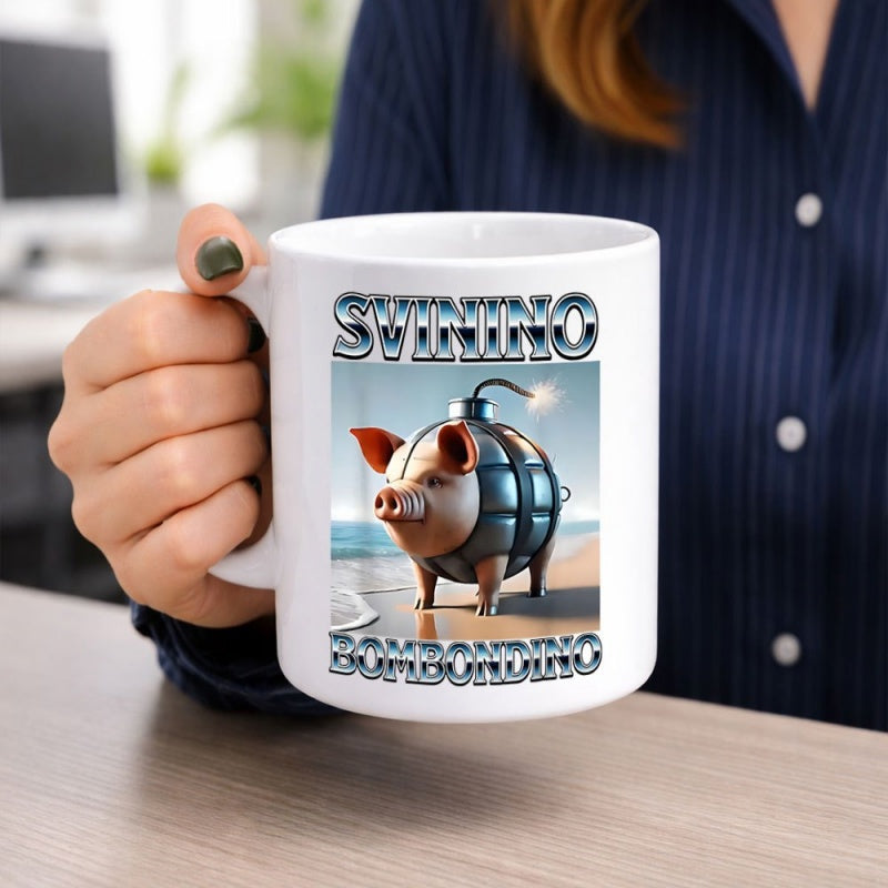 Tailorly White Ceramic 11 oz Mug - Surrealist Metallic Grenade Body Standing Among Ocean Waves On A Shore Pig