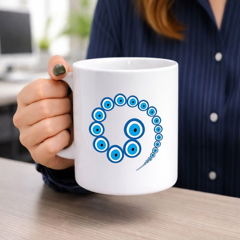 Tailorly White Ceramic 11 oz Mug - Swirling Pattern Of Traditional Blue Protective Symbols In A Spiral Nazar