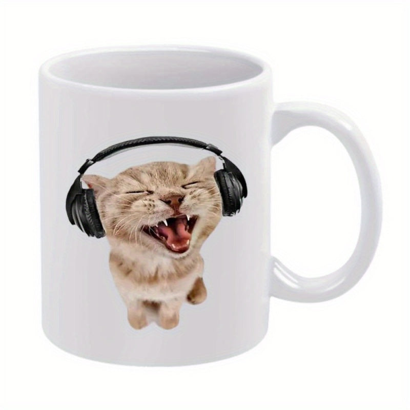 Tailorly White Ceramic 11 oz Mug - Cheerful Ginger Tabby Wearing Large Black Headphones Listening To Music Joyfully Cat