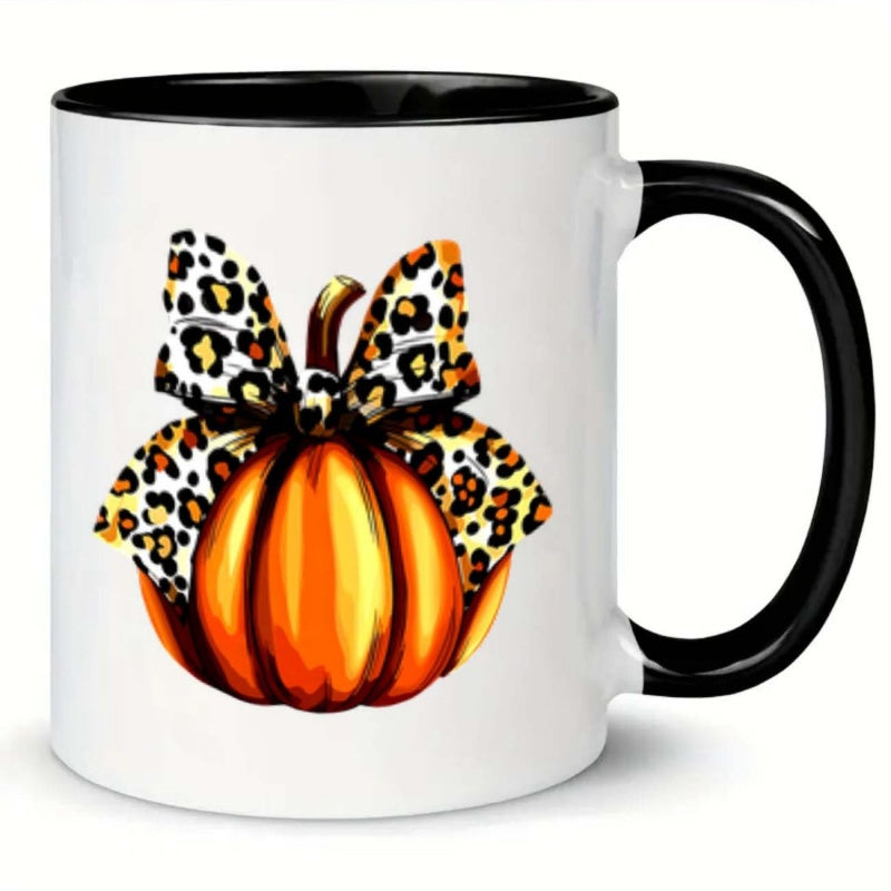 Tailorly Black Accent 11 oz Mug - pumpkin leopard bow