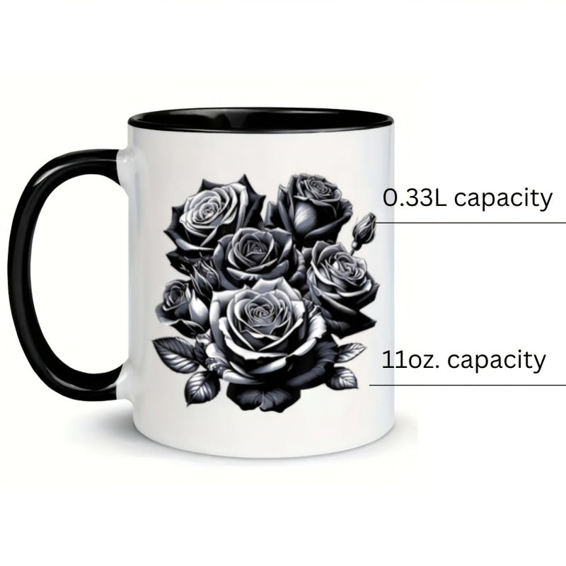 Tailorly Black Accent 11 oz Mug - roses monochrome leaves