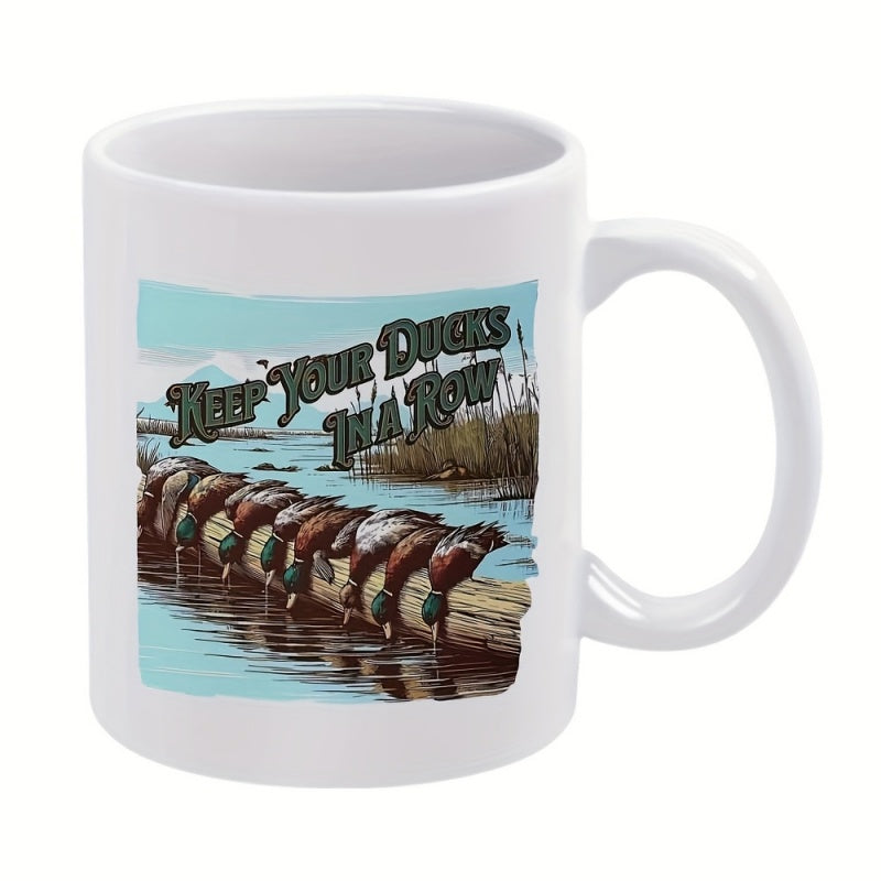 Tailorly White Ceramic 11 oz Mug - Keep Your Ducks In A Row Mallard Ducks Resting On A Log Near Calm River Waters Duck