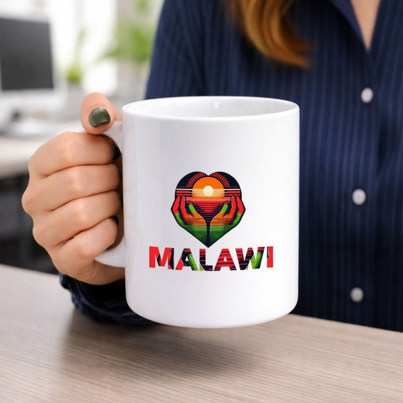 Tailorly White Ceramic 11 oz Mug - Malawi Vibrant African Flag Colors With Sunset And Protective Caring Hands Heart