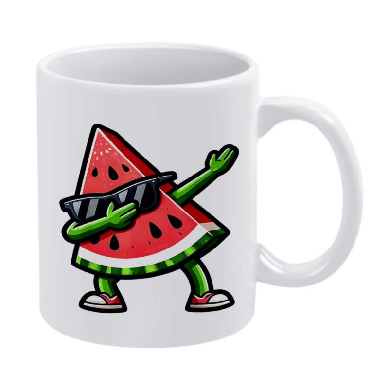 Tailorly White Ceramic 11 oz Mug - Cool Cartoon Watermelon Wearing Sunglasses Performing A Trendy Dabbing Dance Move Watermelon