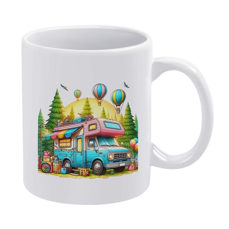 Tailorly White Ceramic 11 oz Mug - Colorful Retro Camper Among Pine Trees Under Drifting Hot Air Balloons Camper