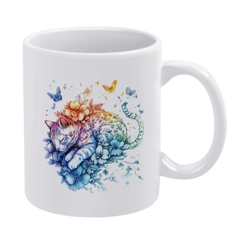 Tailorly White Ceramic 11 oz Mug - Vibrant Watercolor Illustration Of A Sleeping Cat Nestled Among Blooming Flowers Cat
