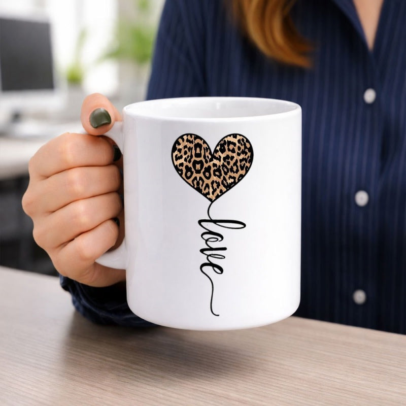Tailorly White Ceramic 11 oz Mug - Love Featuring Elegant Script Line Connected To Wild Leopard Print Pattern Heart