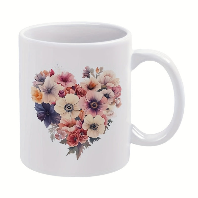 Tailorly White Ceramic 11 oz Mug - Romantic Vintage Pastel Flowers Blooming In A Decorative Arrangement Heart