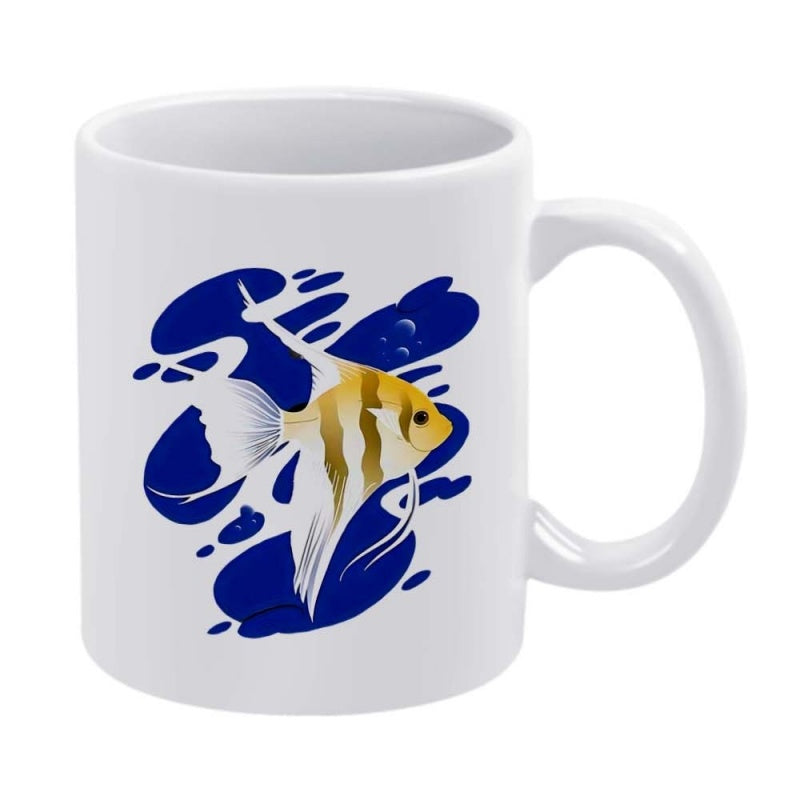 Tailorly White Ceramic 11 oz Mug - Graceful Yellow Striped Tropical Fish Swimming Through Deep Blue Abstract Water Splash Angelfish