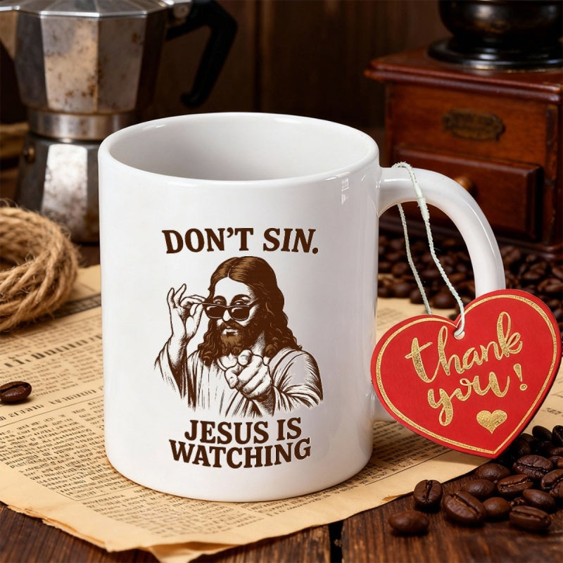 Tailorly White Ceramic 11 oz Mug - Dont Sin Jesus Is Watching Hand Drawn Figure Wearing Modern Sunglasses And Pointing Towards Viewer Mug