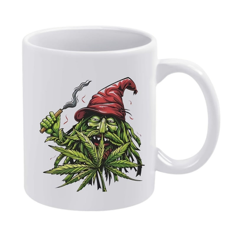 Tailorly White Ceramic 11 oz Mug - Mythical Green Stoner Character With Red Hat Smoking Among Cannabis Leaves Wizard