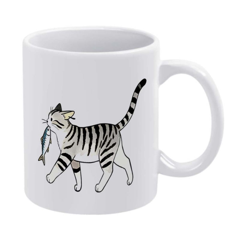 Tailorly White Ceramic 11 oz Mug - Playful Striped Tabby Feline Walking While Carrying Small Blue Fish Cat