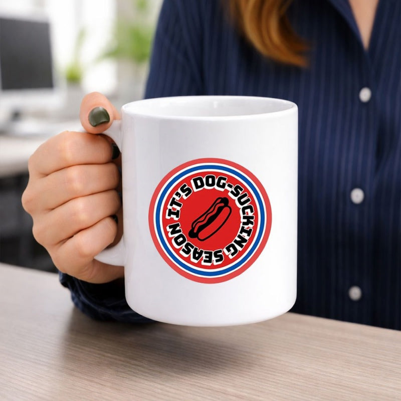 Tailorly White Ceramic 11 oz Mug - Its Dog Sucking Season Retro Circular Emblem With A Grilled Delicious Snack Hotdog