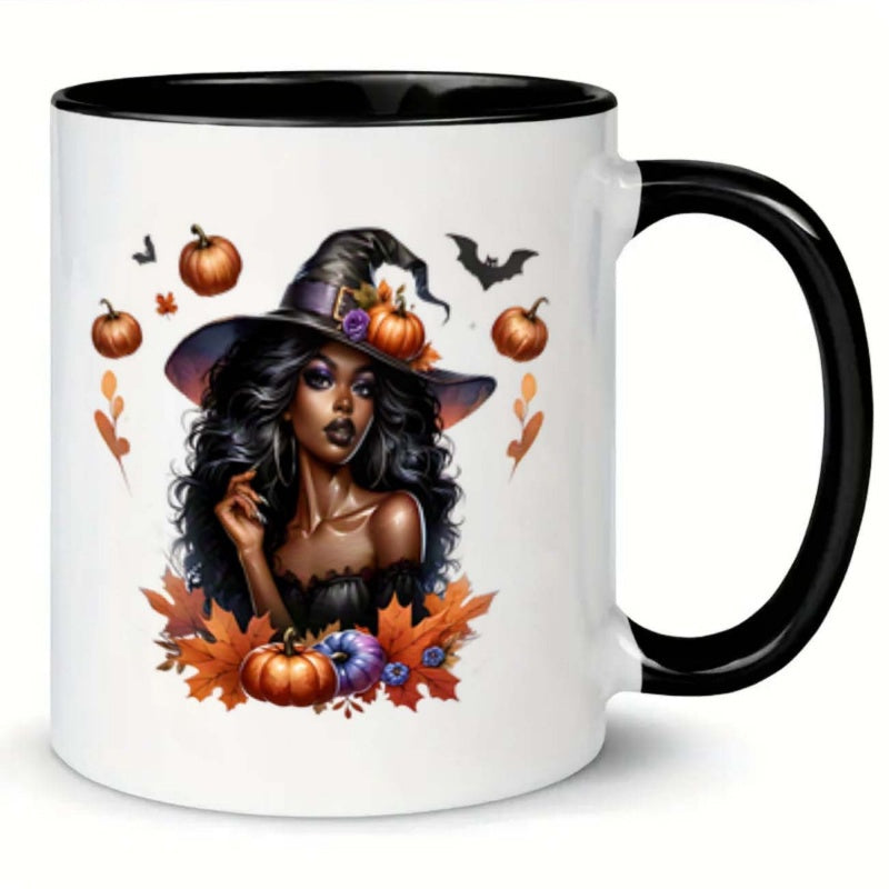 Tailorly Black Accent 11 oz Mug - pumpkins a witch and leaves