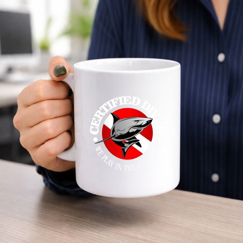 Tailorly White Ceramic 11 oz Mug - Certified Diver Scuba Diving Flag With Ferocious Shark Swimming Through Red Circle Shark