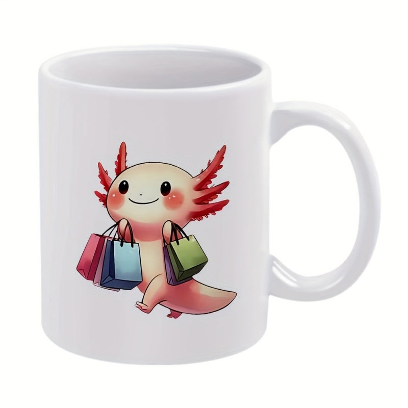 Tailorly White Ceramic 11 oz Mug - Adorable Pink Cartoon Axolotl Carrying Colorful Shopping Bags Walking Happily Axolotl
